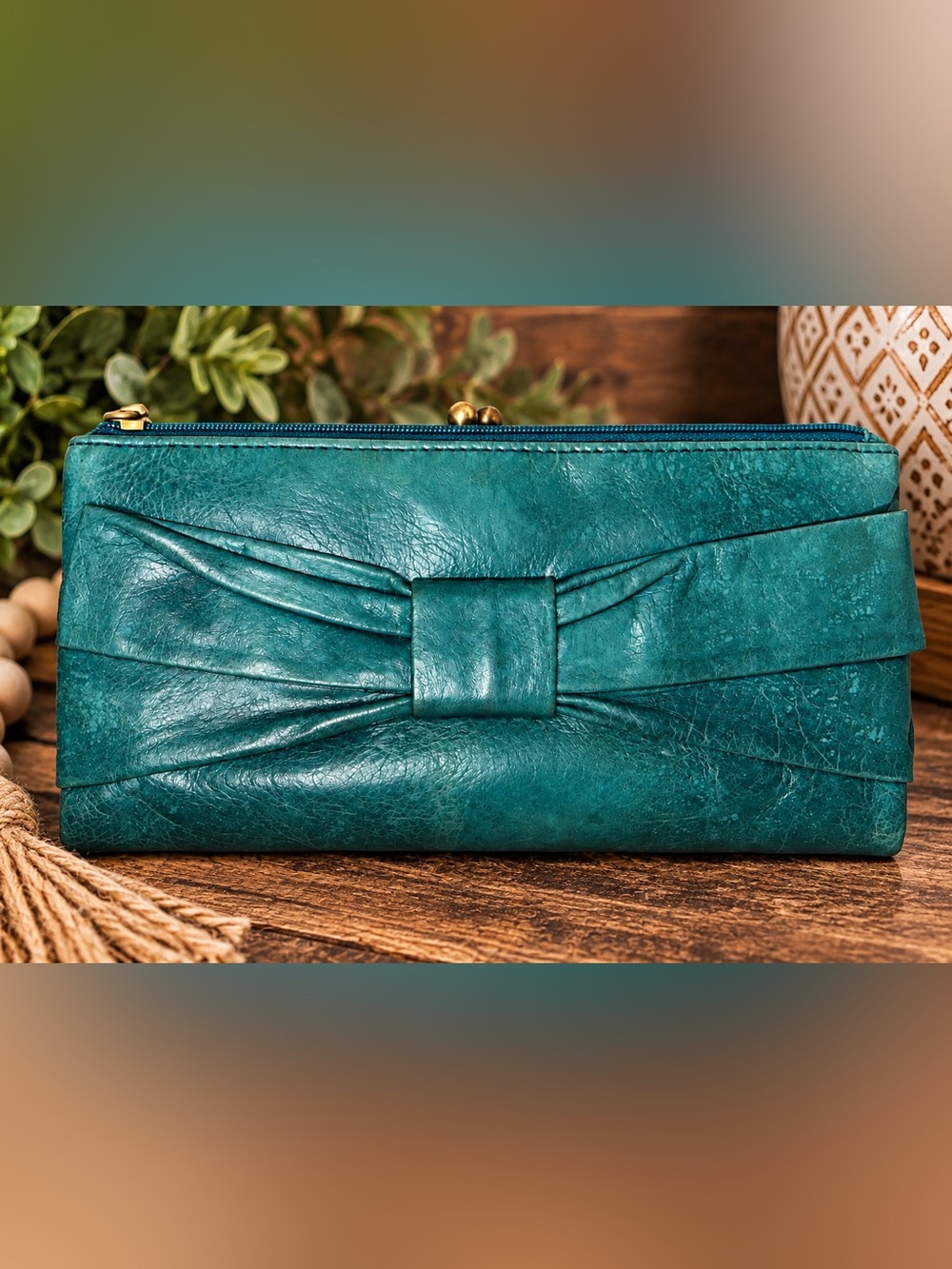 HOBO Teal Leather Bow Wallet Clutch Kiss-Lock Vintage Style